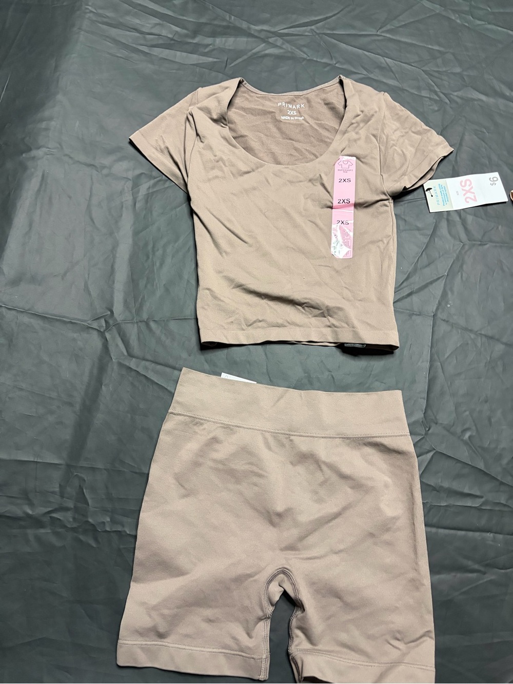 Primark Womens Taupe Short Sleeve Crop Top & Bike Shorts Set